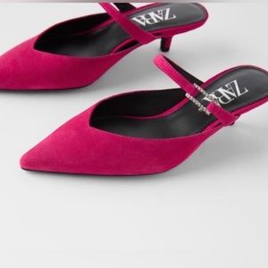 ZARA Pointed Toe Hot Pink Kitten Mules With Jeweled Buckle. Size 41/10